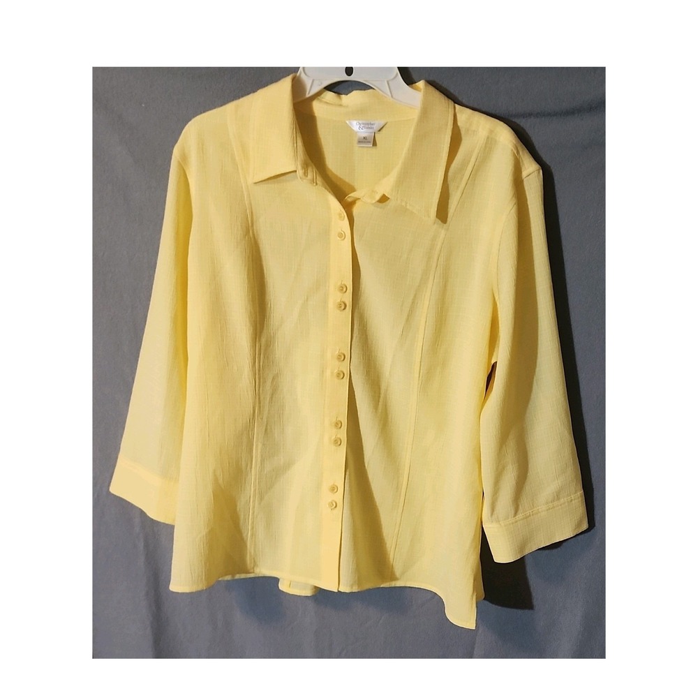 Christopher & Banks Yellow Check Woven Button-Up Blouse XL 3/4 Sleeve Collared